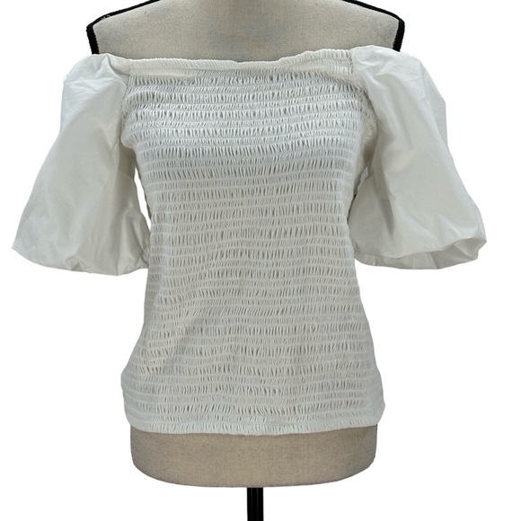 INC Short Puff Sleeve Off Shoulder Smocked Bodice Blouse - Washed White - PXL - Picture 1 of 8
